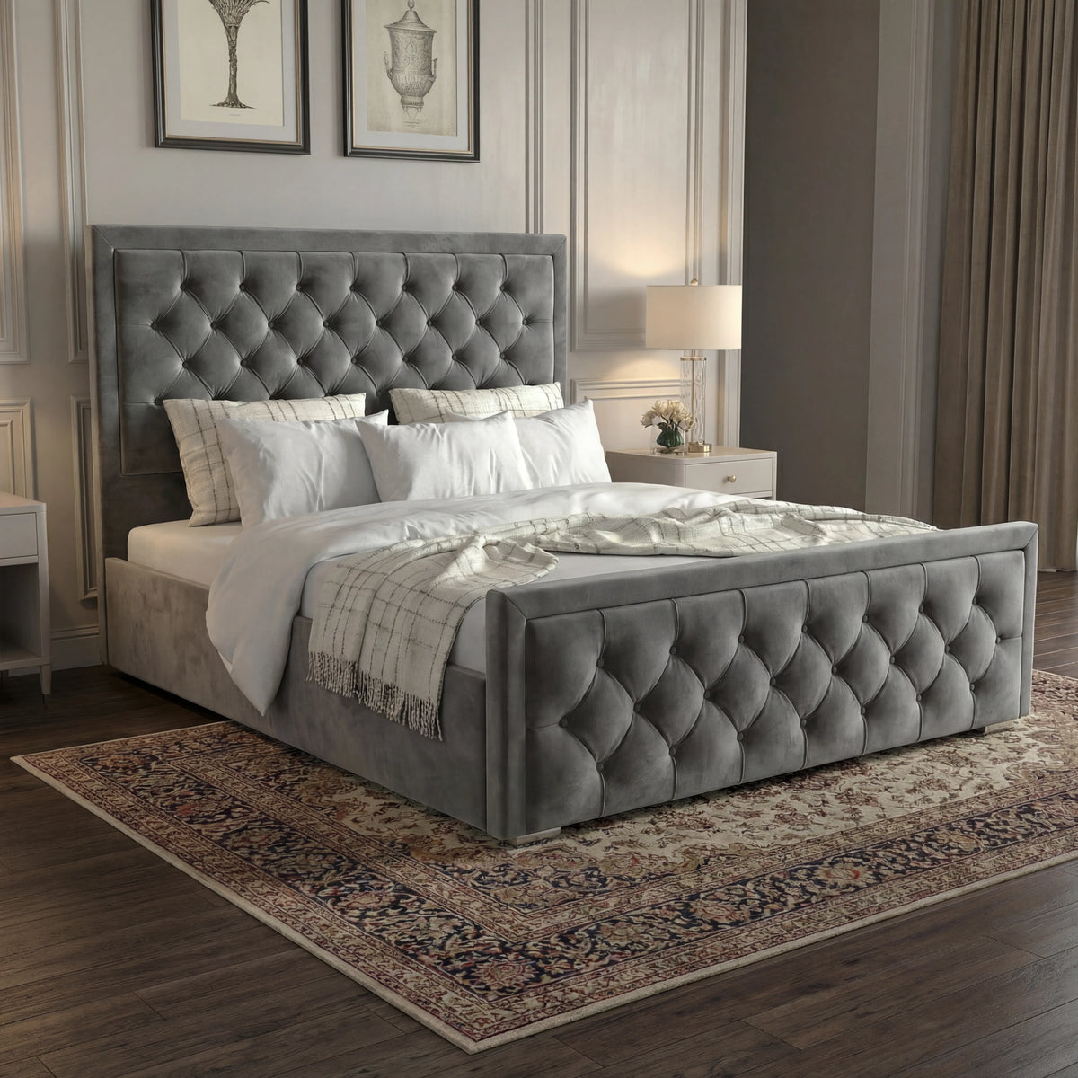 [Double | Grey] Side angle of velvet ottoman bed with deep chesterfield button-tufted headboard and matching footboard