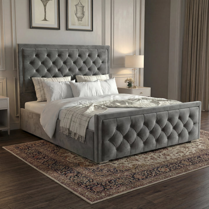 [Double | Grey] Side angle of velvet ottoman bed with deep chesterfield button-tufted headboard and matching footboard