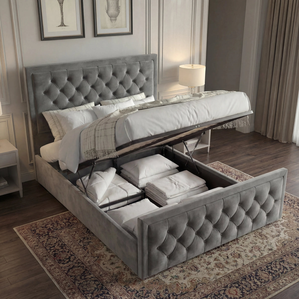 [Double | Grey] Ottoman bed lifted open showing deep gas-lift storage with folded linens and pillows inside