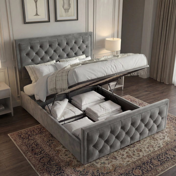 [Double | Grey] Ottoman bed lifted open showing deep gas-lift storage with folded linens and pillows inside