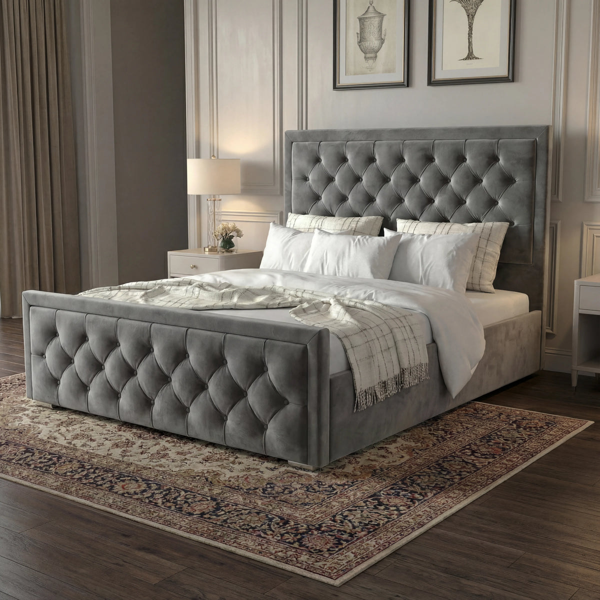 [Double | Grey] Cross Puffed Ottoman Storage Bed - Velvet Ottoman Bed Frame in grey with tufted headboard and footboard