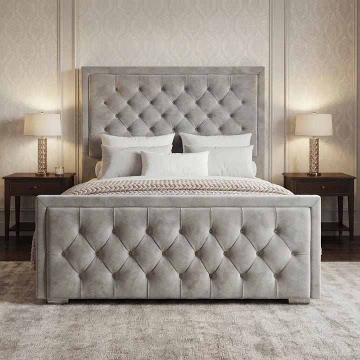 [Double | Light Grey] Symmetrical view showing deep button tufting on headboard and footboard with white bedding