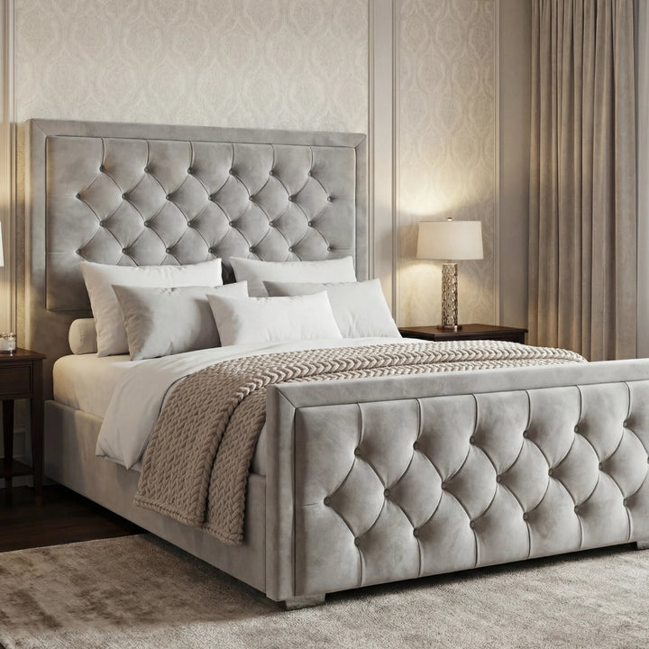 [Double | Light Grey] Side angle of cross-puffed ottoman bed showing tufted headboard and footboard in styled room