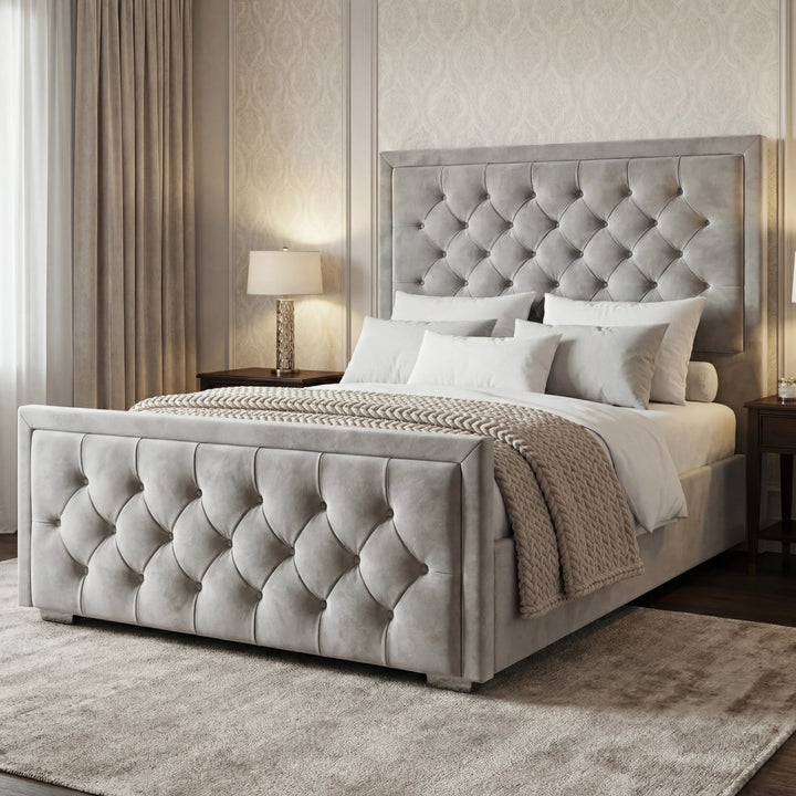 [Double | Light Grey] Ottoman bed from the side with puffed diamond-tufted headboard in classic room with Persian rug