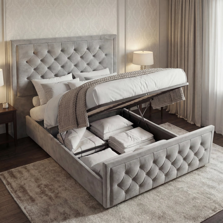 [Double | Light Grey] Gas-strut mechanism raising mattress revealing full-length storage in button-tufted frame