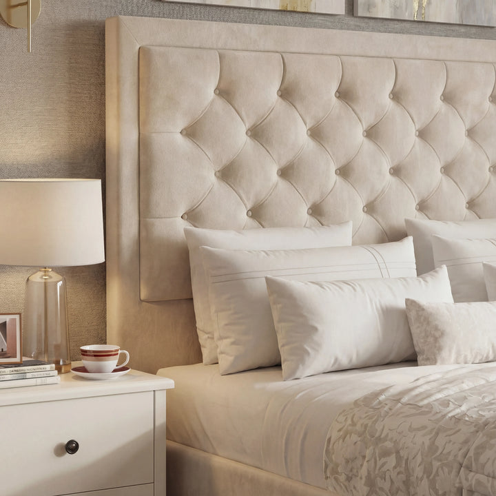 [King | Beige] Tufted velvet headboard texture with puffed cross-stitch pattern and white pillows below