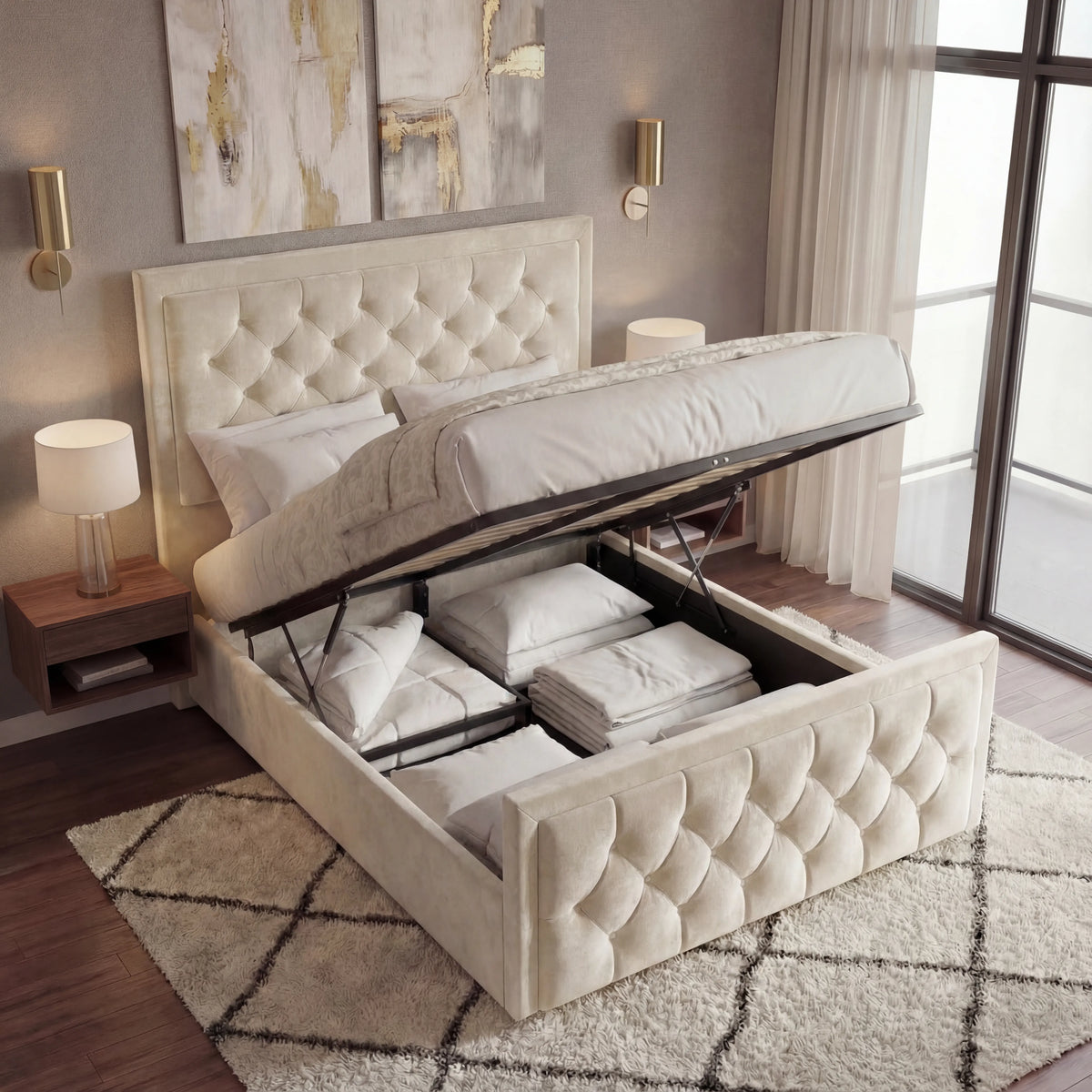 [King | Beige] Ottoman bed lifted open showing deep gas-lift storage with folded linens and pillows inside