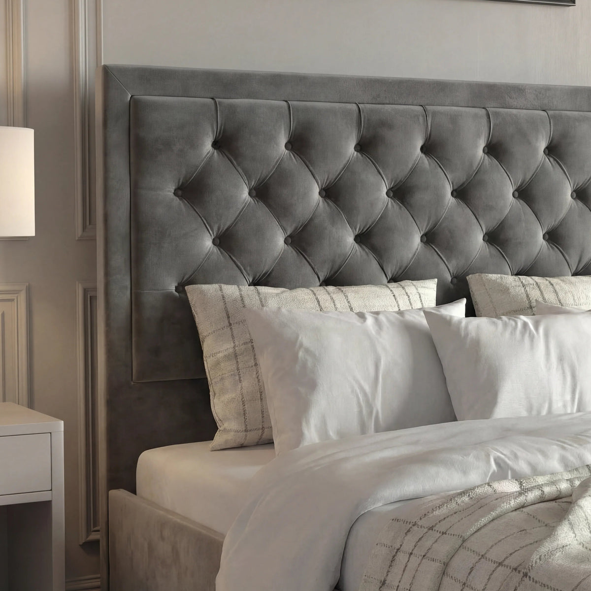 [King | Grey] Tufted velvet headboard texture with puffed cross-stitch pattern and white pillows below