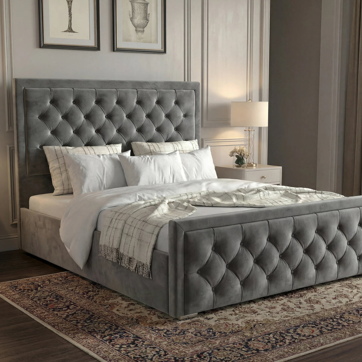 [King | Grey] Side angle of cross-puffed ottoman bed showing tufted headboard and footboard in styled room