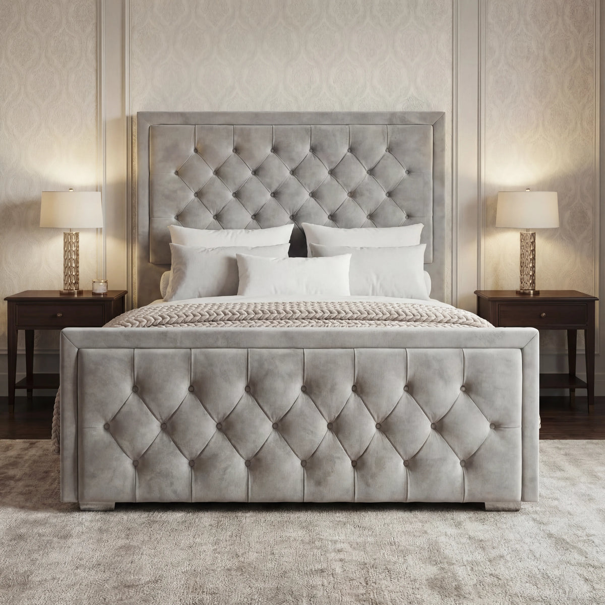 [King | Light Grey] Symmetrical view showing deep button tufting on headboard and footboard with white bedding