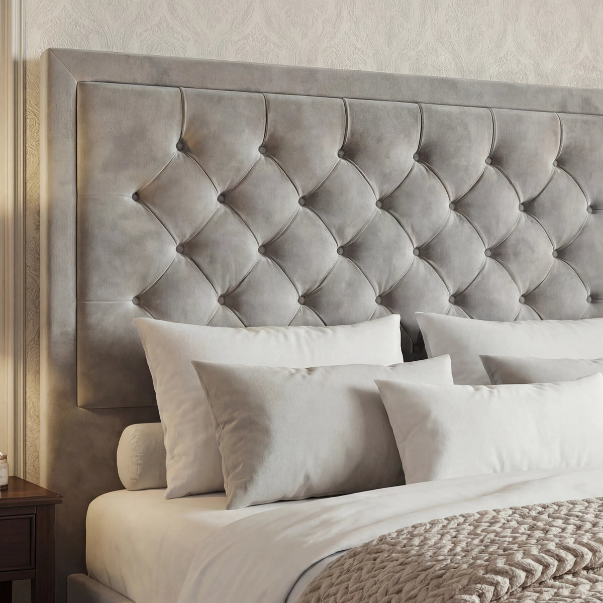 [King | Light Grey] Tufted velvet headboard texture with puffed cross-stitch pattern and white pillows below