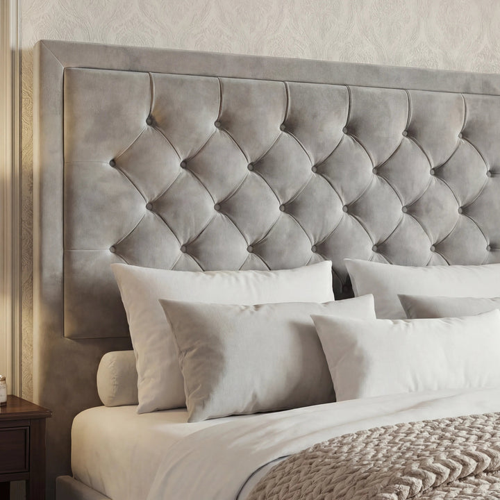 [King | Light Grey] Tufted velvet headboard texture with puffed cross-stitch pattern and white pillows below