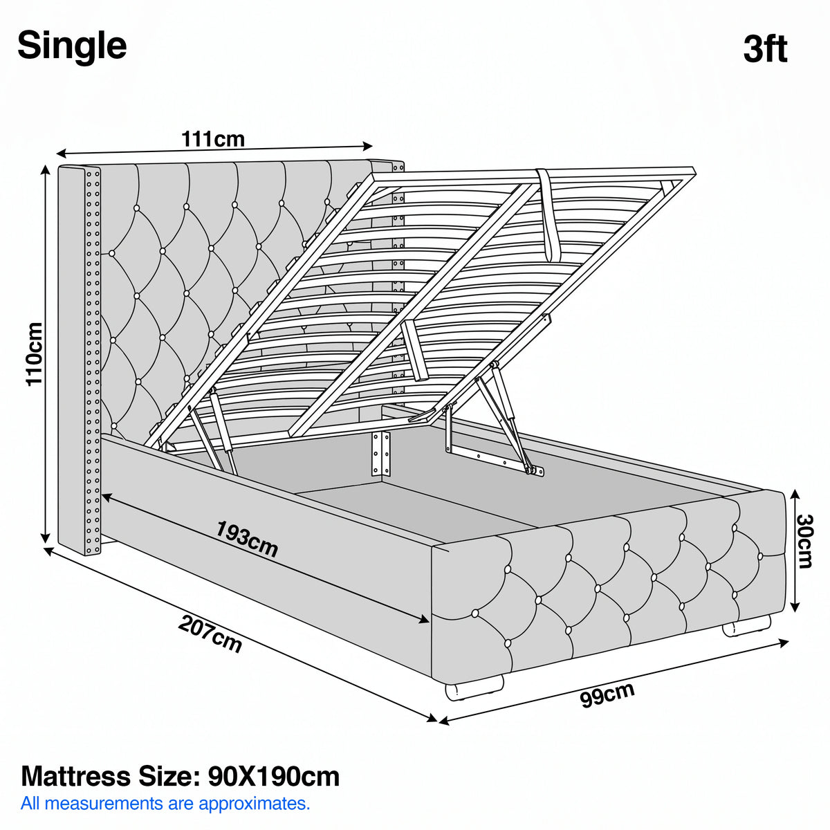 [Single | Beige] Cross ottoman bed single dimension diagram: 111cm wide, 207cm long, 110cm headboard, 99cm base length