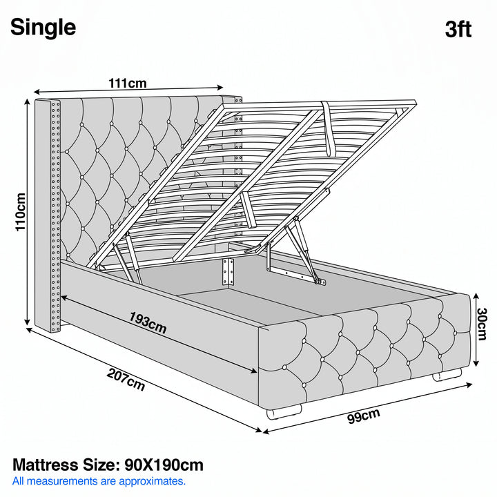 [Single | Light Grey] Cross ottoman bed single diagram: 111cm width, 207cm length, 110cm headboard