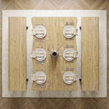 [Light Oak] Crosswick Industrial 6 Seater Dining Table with Benches top-down aerial view of the six-person dining set arrangement neatly organized with white plates and glassware