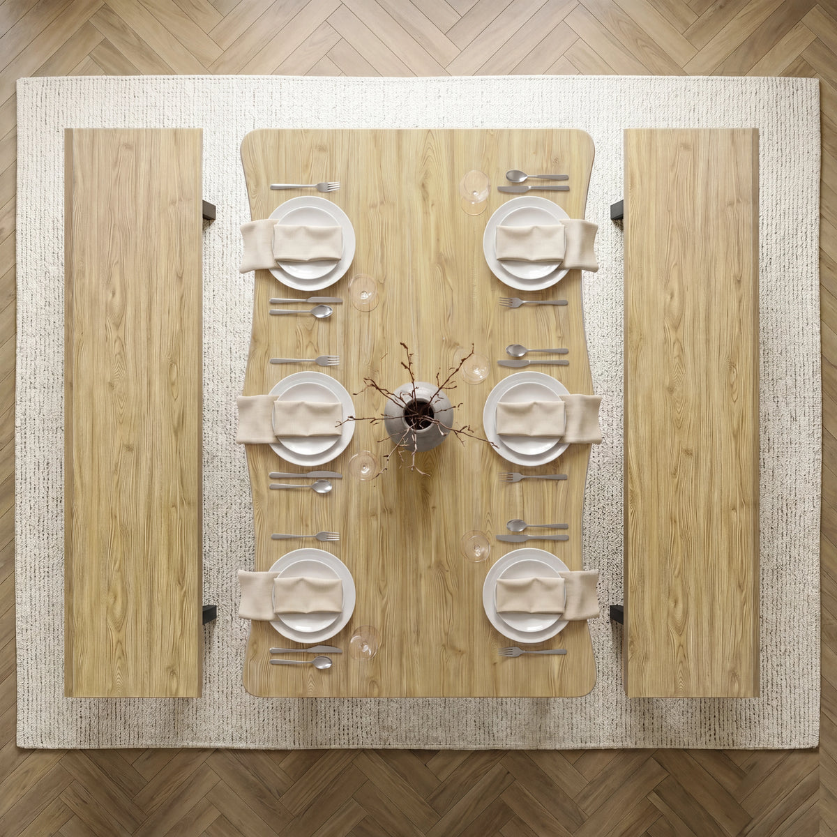 [Light Oak] Crosswick Industrial 6 Seater Dining Table with Benches top-down aerial view of the six-person dining set arrangement neatly organized with white plates and glassware