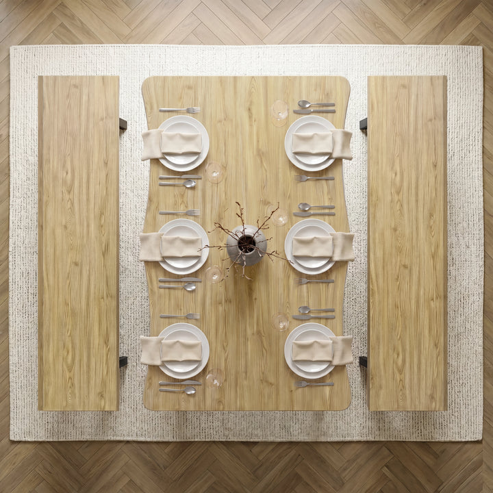 [Light Oak] Crosswick Industrial 6 Seater Dining Table with Benches top-down aerial view of the six-person dining set arrangement neatly organized with white plates and glassware