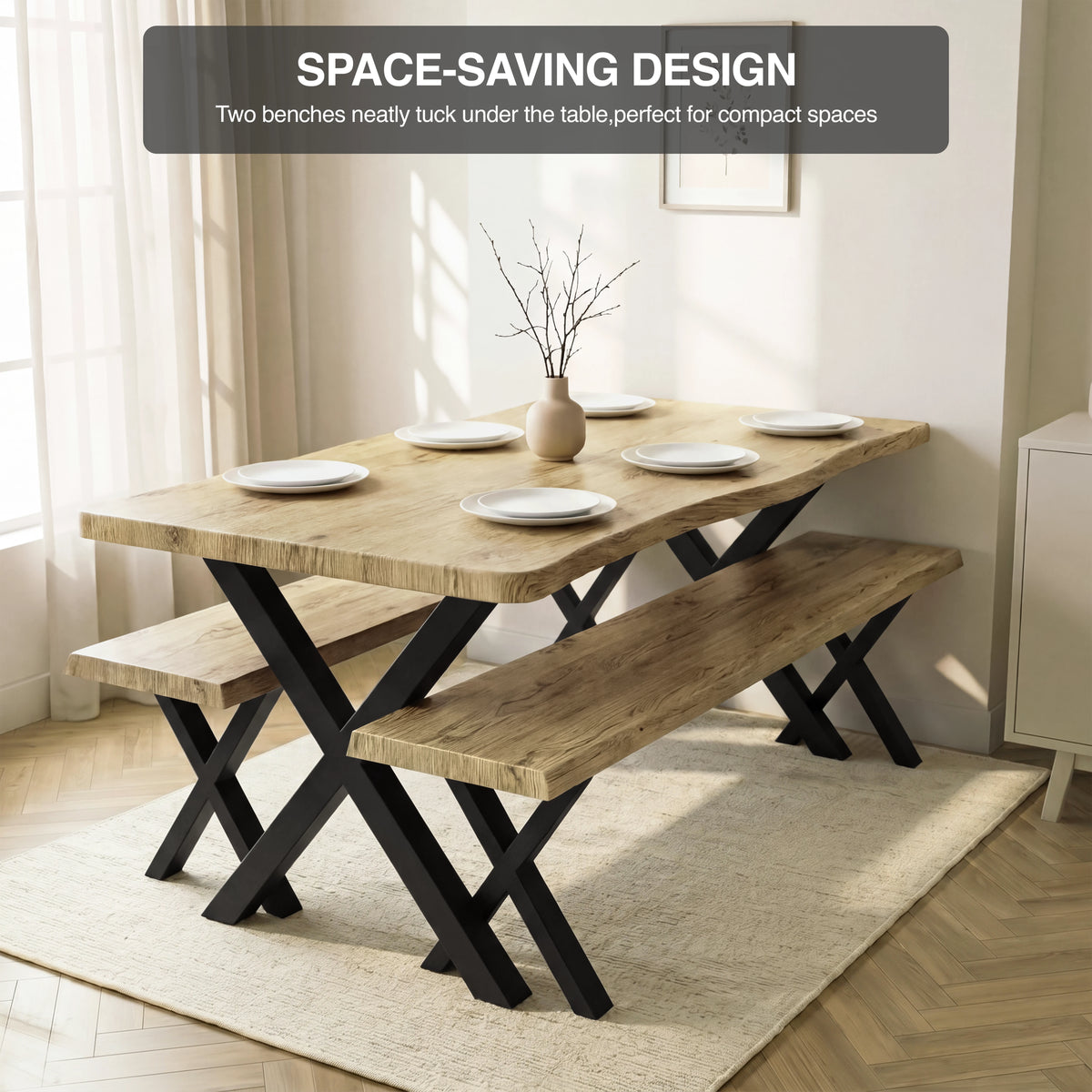 [Light Oak] Crosswick Industrial 6 Seater Dining Table with Benches highlighting the space-saving design with two long matching wooden benches neatly tucked underneath the table structure.