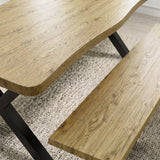 [Light Oak] Crosswick Industrial 6 Seater Dining Table with Benches close-up detailing the natural wood grain pattern and smooth curved edges of the tabletop and matching bench surface.
