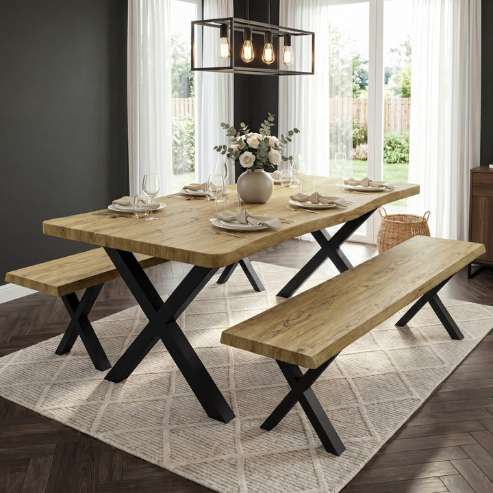 [Light Oak] Crosswick Industrial 6 Seater Dining Table with Benches positioned in a modern dining room featuring large windows, a geometric pendant light fixture, and a diamond-patterned rug