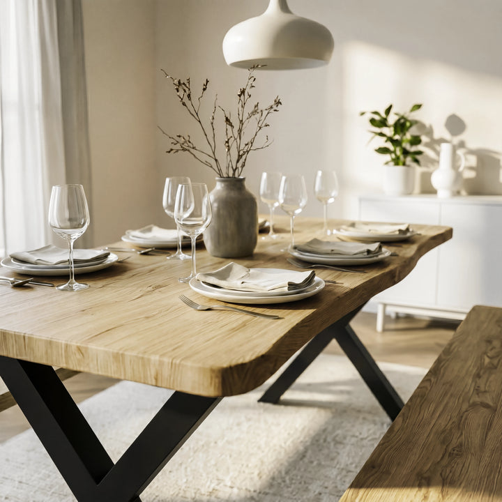 [Light Oak] Crosswick Industrial 6 Seater Dining Table with Benches displaying an angled view of the table set with plates, wine glasses, napkins, and a central ceramic vase holding branches.