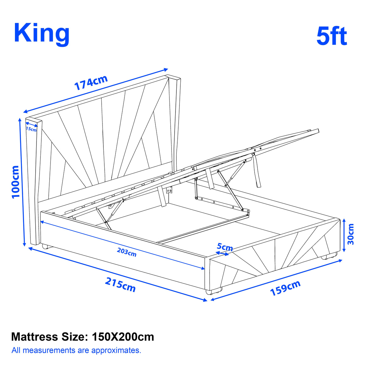 [King | Silver] King crushed velvet ottoman bed dimensions: 215cm long, 159cm deep, 100cm tall, 150x200cm mattress