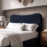 [Double | Blue] Close-up of organic wave-shaped headboard showing boucle fabric texture with looped yarn detail
