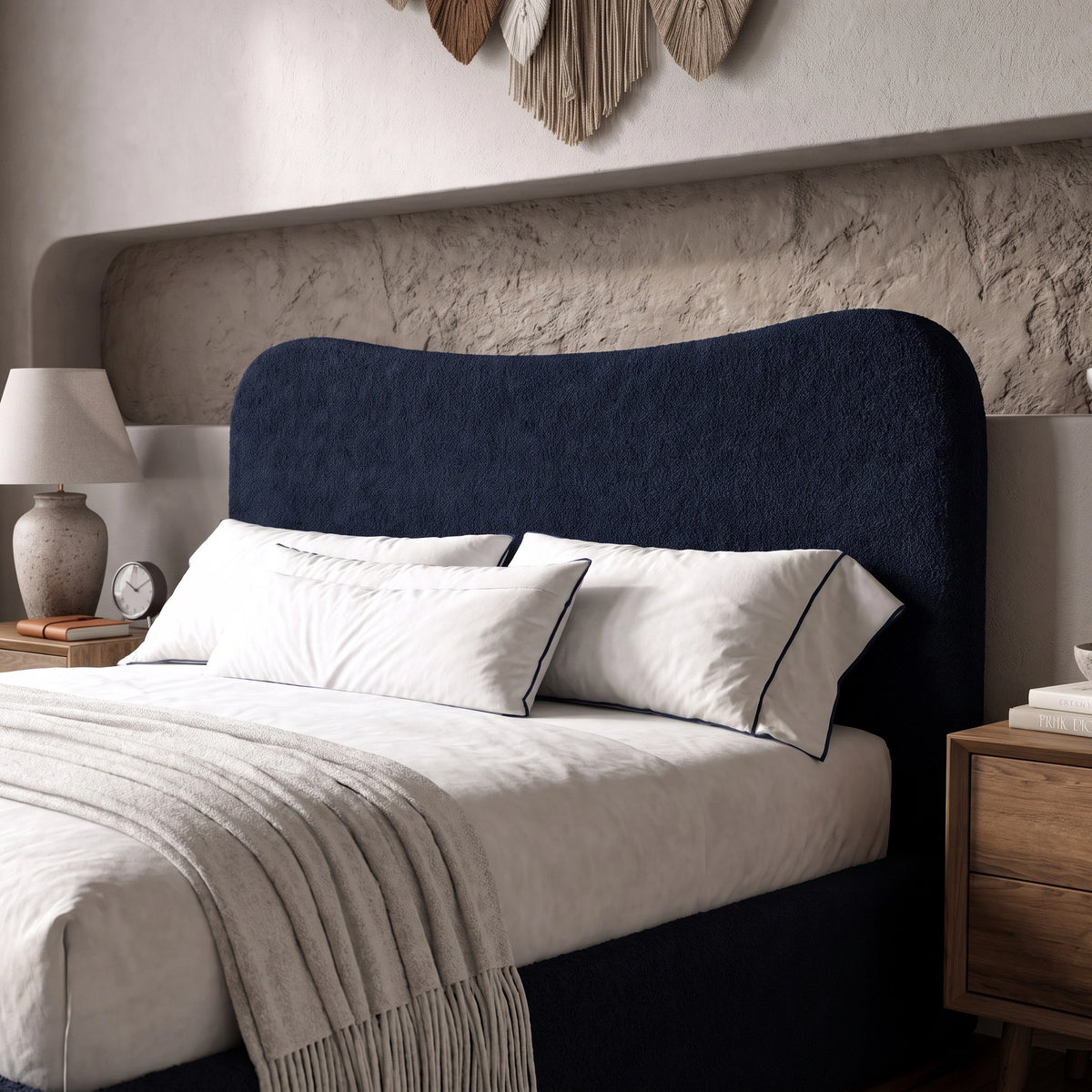 [Double | Blue] Close-up of organic wave-shaped headboard showing boucle fabric texture with looped yarn detail