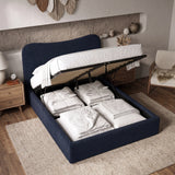 [Double | Blue] Gas-strut mechanism lifting mattress platform to reveal sectioned under-bed storage in boucle frame