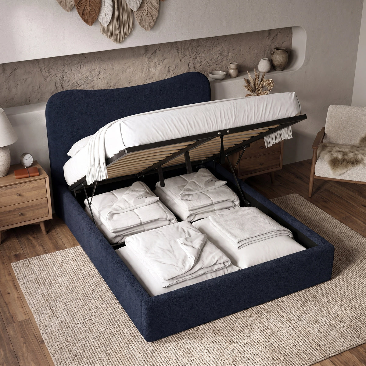 [Double | Blue] Gas-strut mechanism lifting mattress platform to reveal sectioned under-bed storage in boucle frame