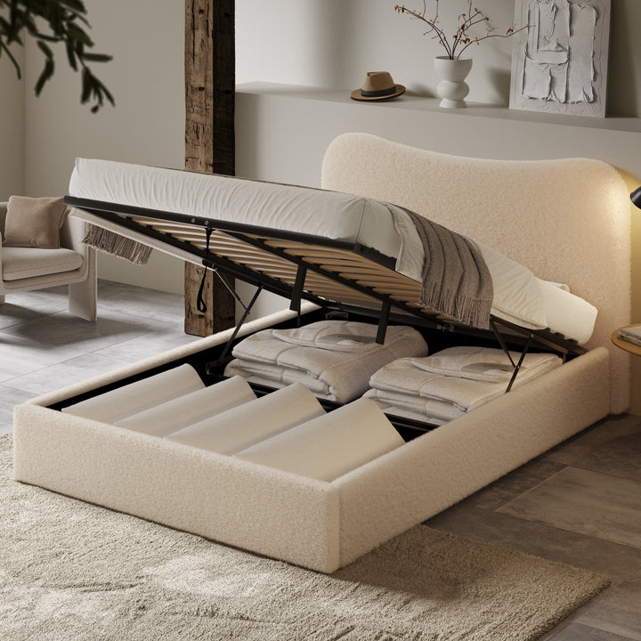 [Double | Beige] Gas-strut mechanism lifting mattress platform to reveal sectioned under-bed storage in boucle frame