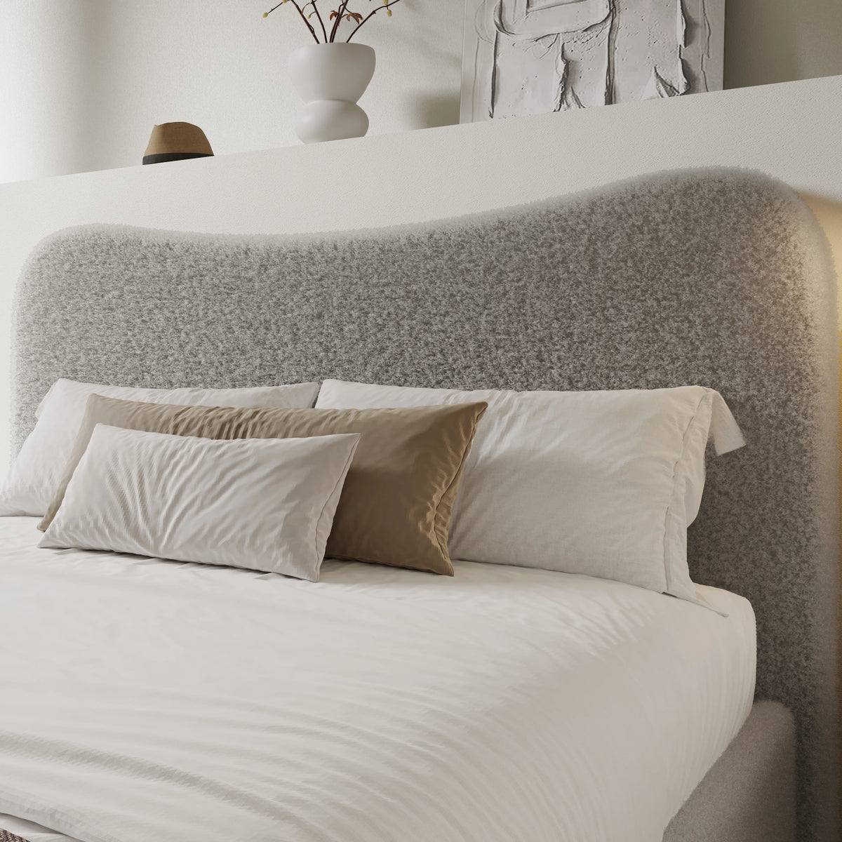 [Double | Grey] Headboard fabric detail showing textured boucle weave with gentle organic curved top edge