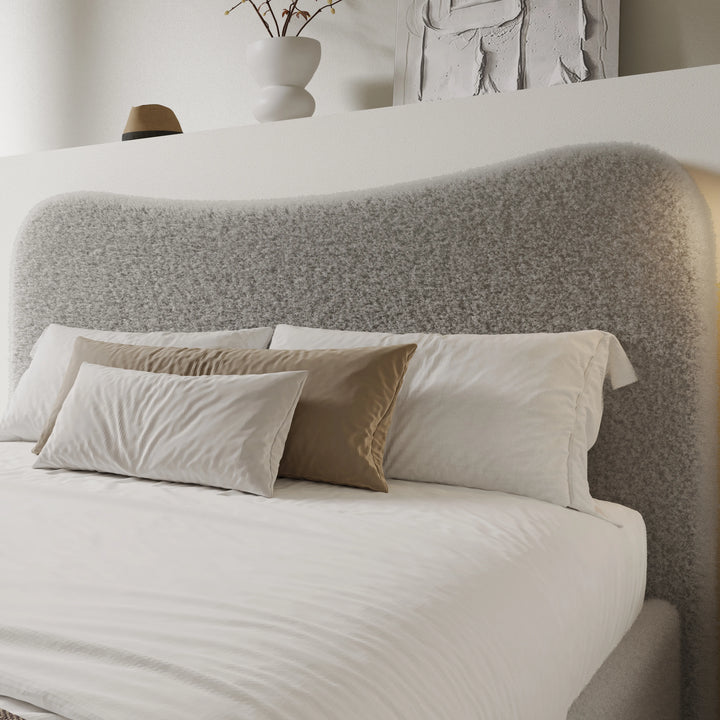 [Double | Grey] Headboard fabric detail showing textured boucle weave with gentle organic curved top edge