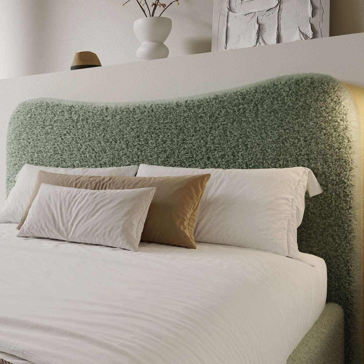 [Double | Sage Green] Close-up of organic wave-shaped headboard showing boucle fabric texture with looped yarn detail