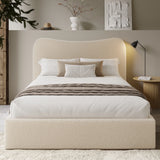 [King | Beige] Boucle bed centred with curved headboard backlit by warm glow beside fluted round side table