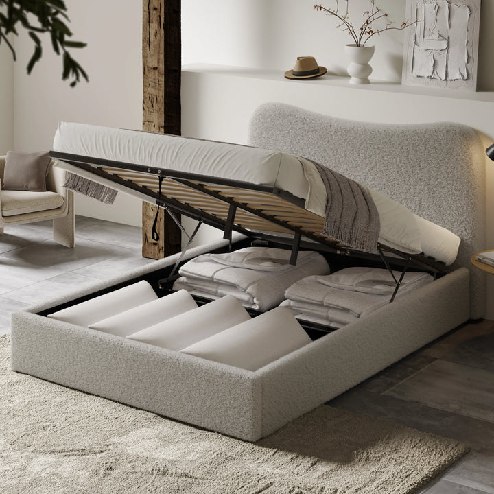 [King | Grey] Gas-strut mechanism lifting mattress platform to reveal sectioned under-bed storage in boucle frame