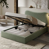 [King | Sage Green] Boucle bed storage compartment exposed with duvets and pillows neatly arranged between divider slats