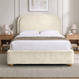 [Beige | Double] Curved headboard ottoman bed in beige plush velvet, front bedroom view with rounded wooden feet