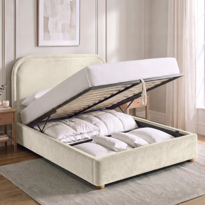 [Beige | Double] Ottoman storage bed open with gas-lift base, pull strap, slats and bedding stored underneath