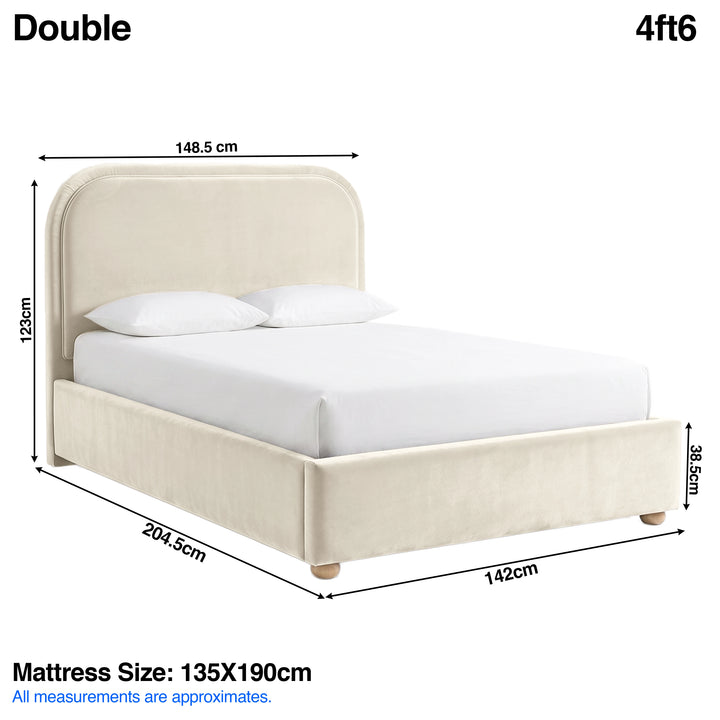 [Beige | Double] Dimensions graphic: curved ottoman bed 148.5W x 204.5L x 123H cm; mattress 135 x 190 cm