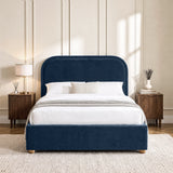 [Blue | Double] Curved headboard ottoman bed in blue plush velvet, front bedroom view with rounded wooden feet