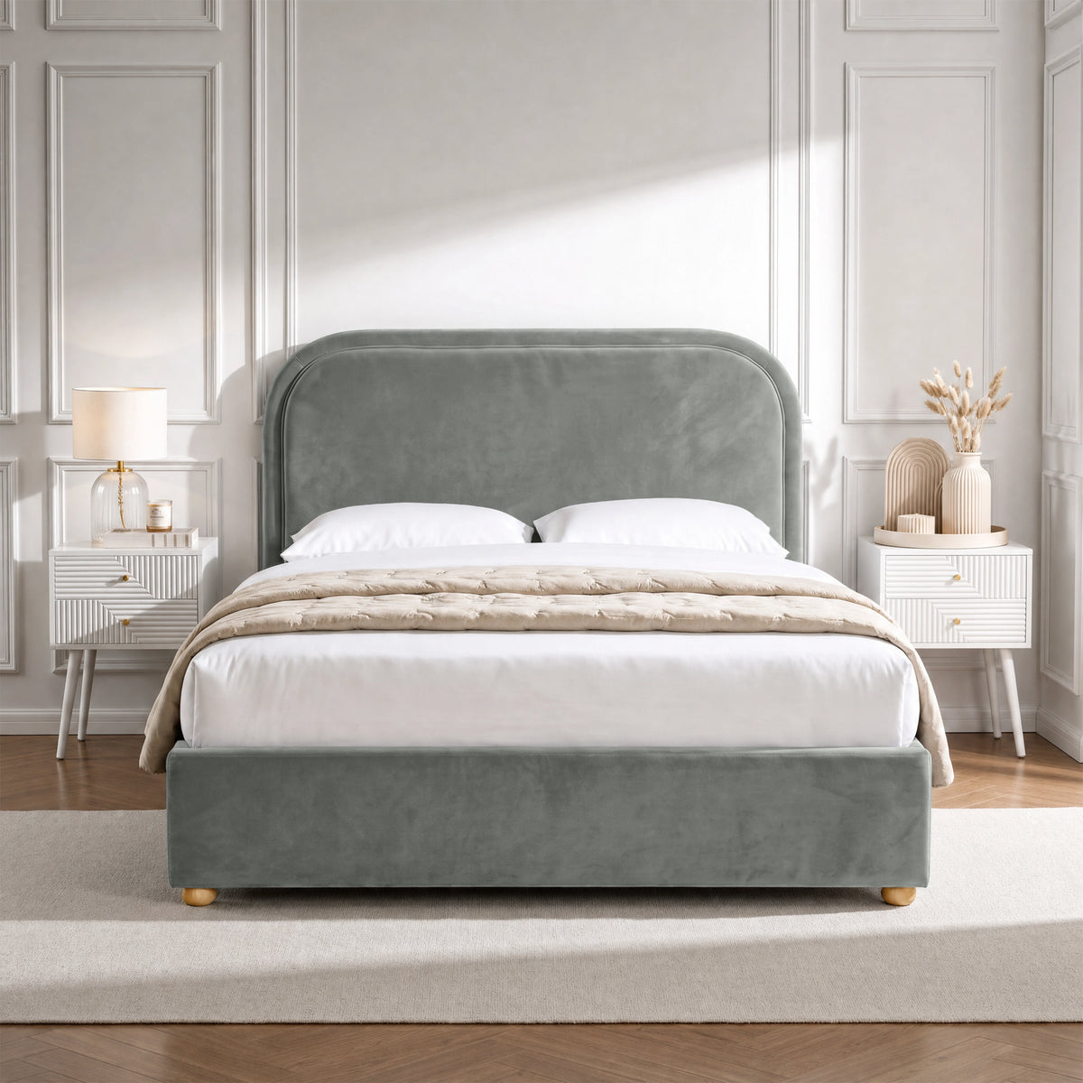 [Grey | Double] Curved headboard ottoman bed in grey plush velvet, front bedroom view with rounded wooden feet