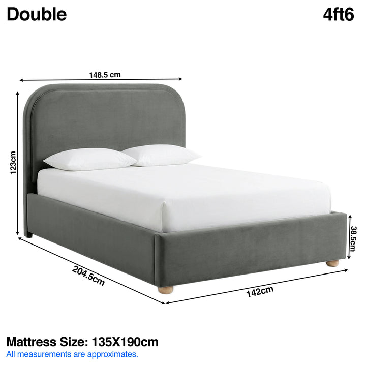 [Grey | Double] Dimensions graphic: curved ottoman bed 148.5W x 204.5L x 123H cm; mattress 135 x 190 cm