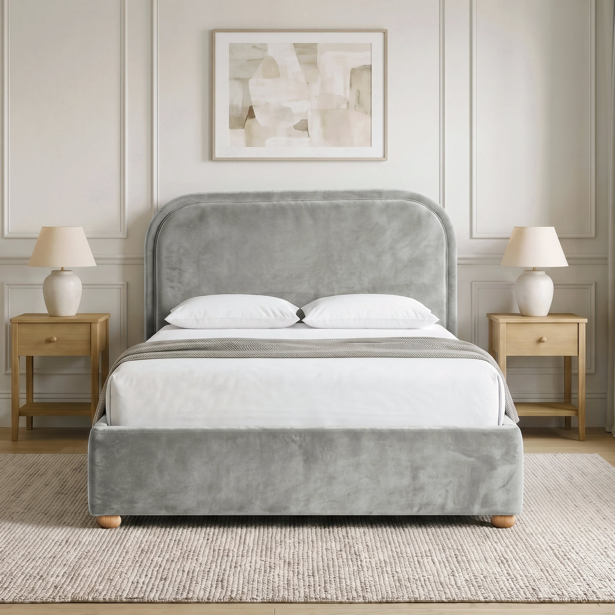 [Light Grey | Double] Curved headboard ottoman bed in light grey plush velvet, front bedroom view with rounded wooden feet