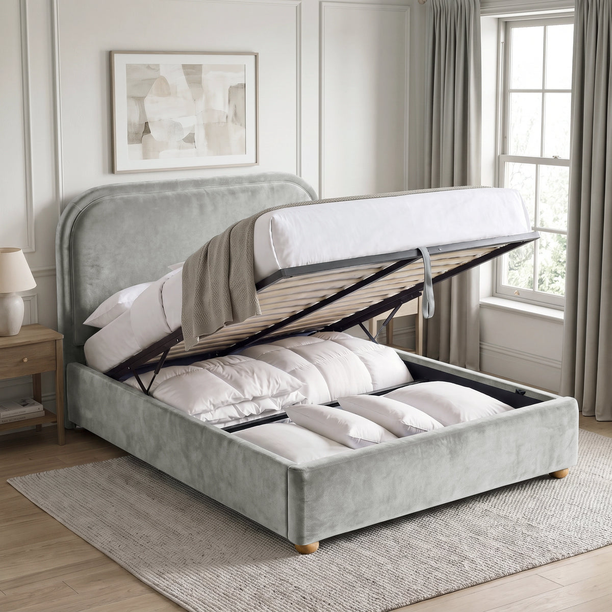 [Light Grey | Double] Ottoman storage bed open with gas-lift base, pull strap, slats and bedding stored underneath