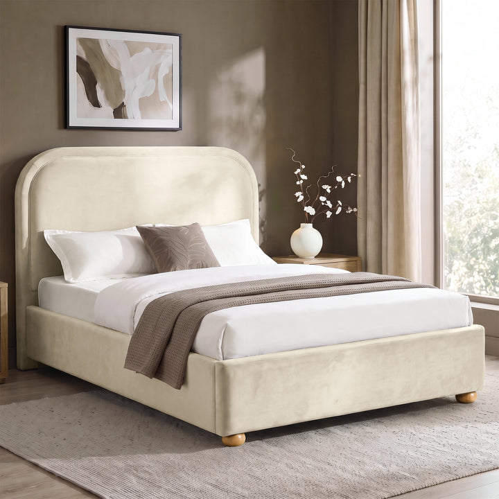 [Beige | King] Curved headboard ottoman bed closed in bedroom, with plush beige upholstery and soft rounded edges