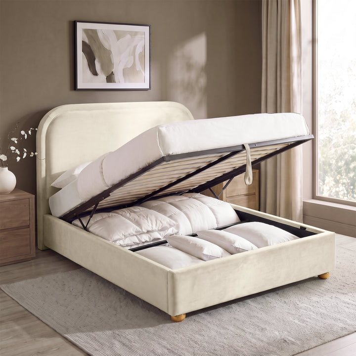 [Beige | King] Ottoman storage bed open with gas-lift base, pull strap, slats and bedding stored underneath