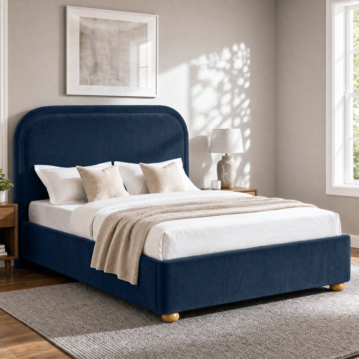 [Blue | King] Curved headboard ottoman bed closed in bedroom, with plush blue upholstery and soft rounded edges