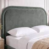 [Grey | King] Close-up of plush padded curved headboard with raised border piping that keeps its shape