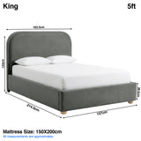 [Grey | King] Dimensions graphic: curved ottoman bed 163.5W x 214.5L x 123H cm; mattress 150 x 200 cm